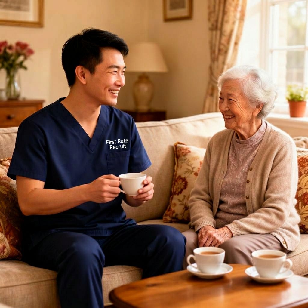 Asian carer having tea with elderly lady for companionship care