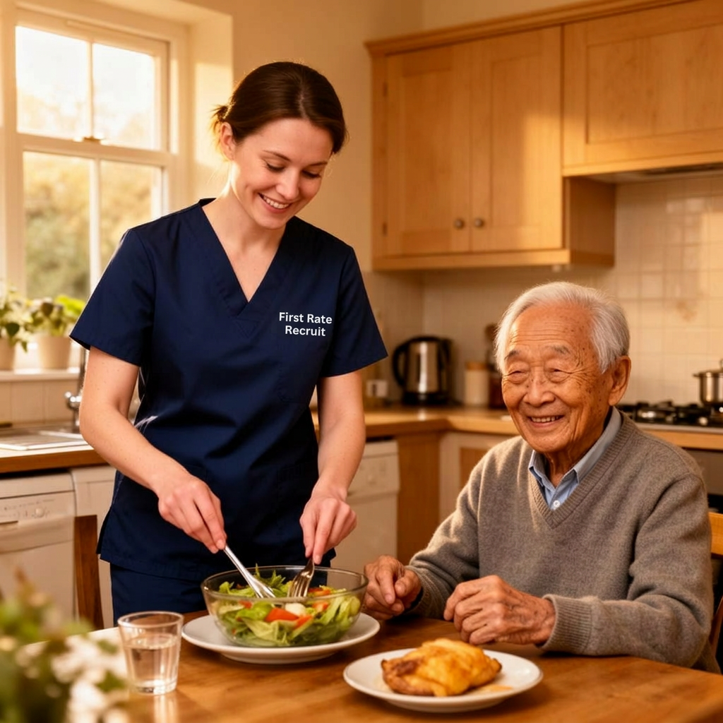 British carer preparing meal with elderly gentleman in home kitchen