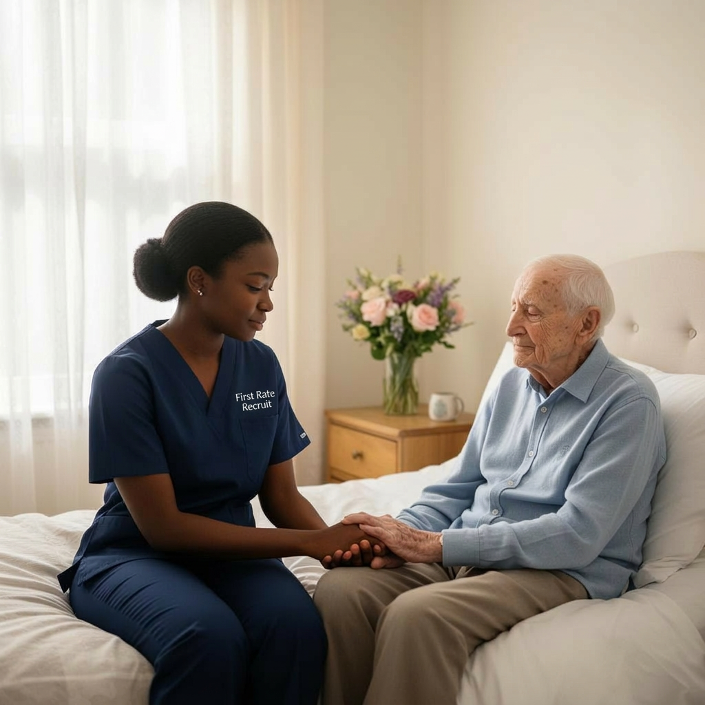 African carer providing compassionate palliative care to elderly gentleman